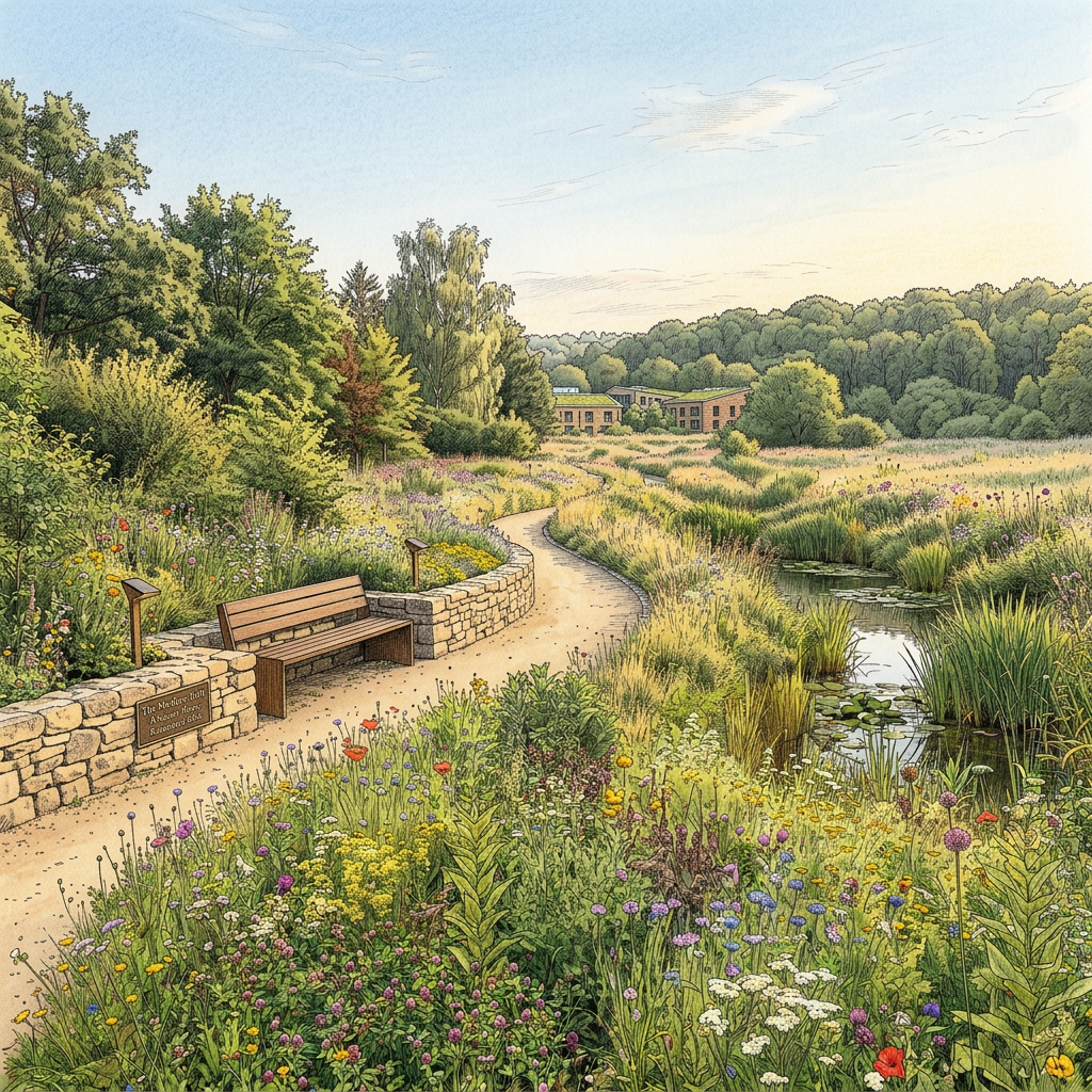 Dirt path through colorful wildflower meadow next to a narrow pond with buildings in the background